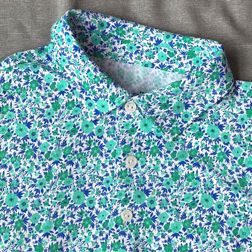 IBKUL Mens XL Floral Polo Shirt Green Blue UPF 50+ Cooling Golf Top